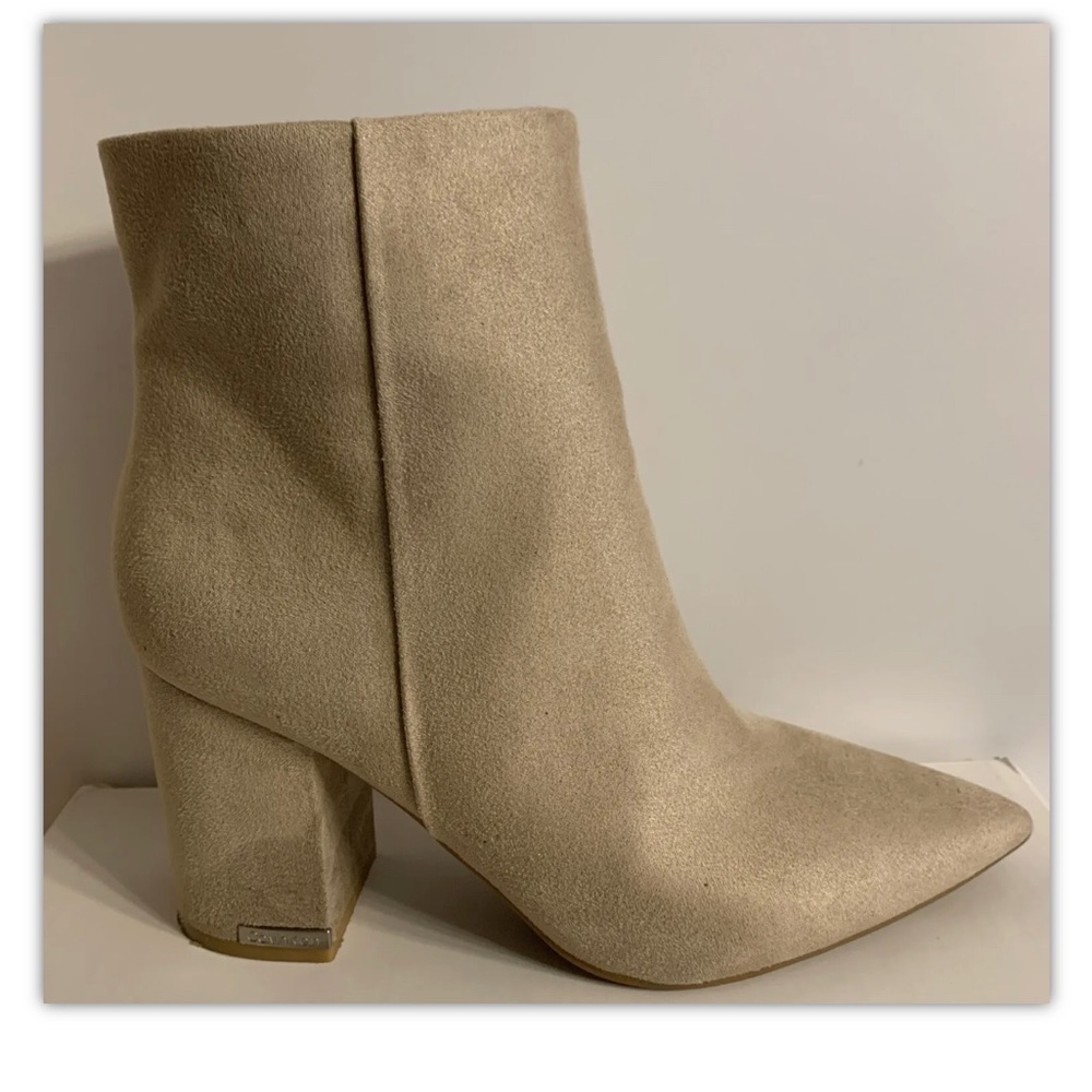Calvin Klein Beige Suede Pointed Toe Block Heel Ankle Boots